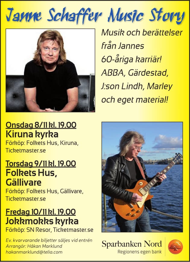 Affisch fr Janne Schaffer - Music Story, Konsert i kyrkan p vrig teater i Kiruna p Kiruna Folkets Hus